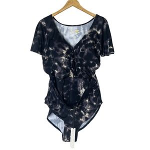 AMBERNOON II by Dr. Erum Ilyas UPF 40 Flutter Sleeve Swimsuit Black Tie Dye 20W